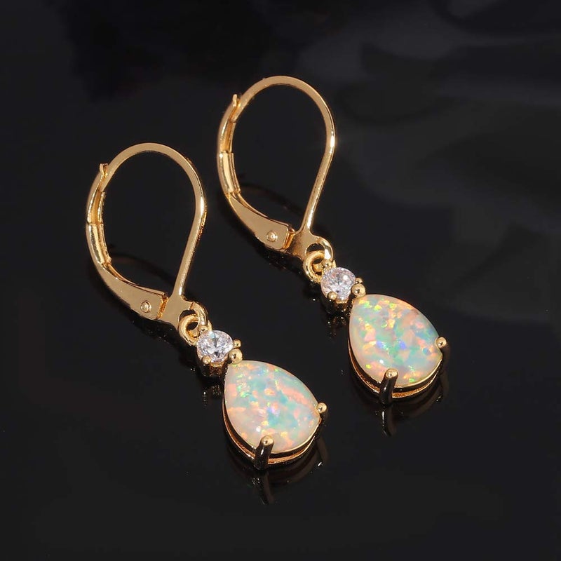 CiNily Small Gold Dangle Earrings Opal Leverback Drop Earrings for Women 14K Yellow Gold Plated Teardrop Gemstone Earrings - Image 4